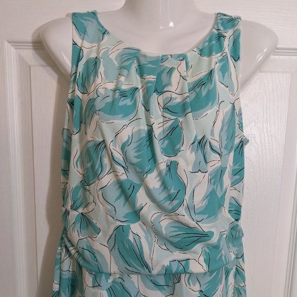 Ann Taylor Sea Blue White Petal Print Faux Wrap Sleeveless Midi Dress - size MP - Picture 4 of 10